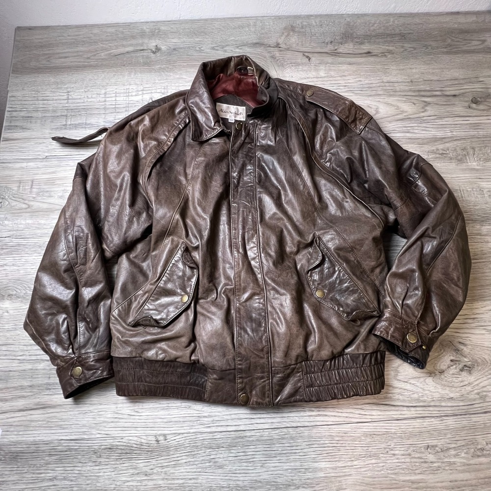 Alan Michaels Leather Bomber Jacket Mens 40R Brown Vintage Distressed Flight Y94